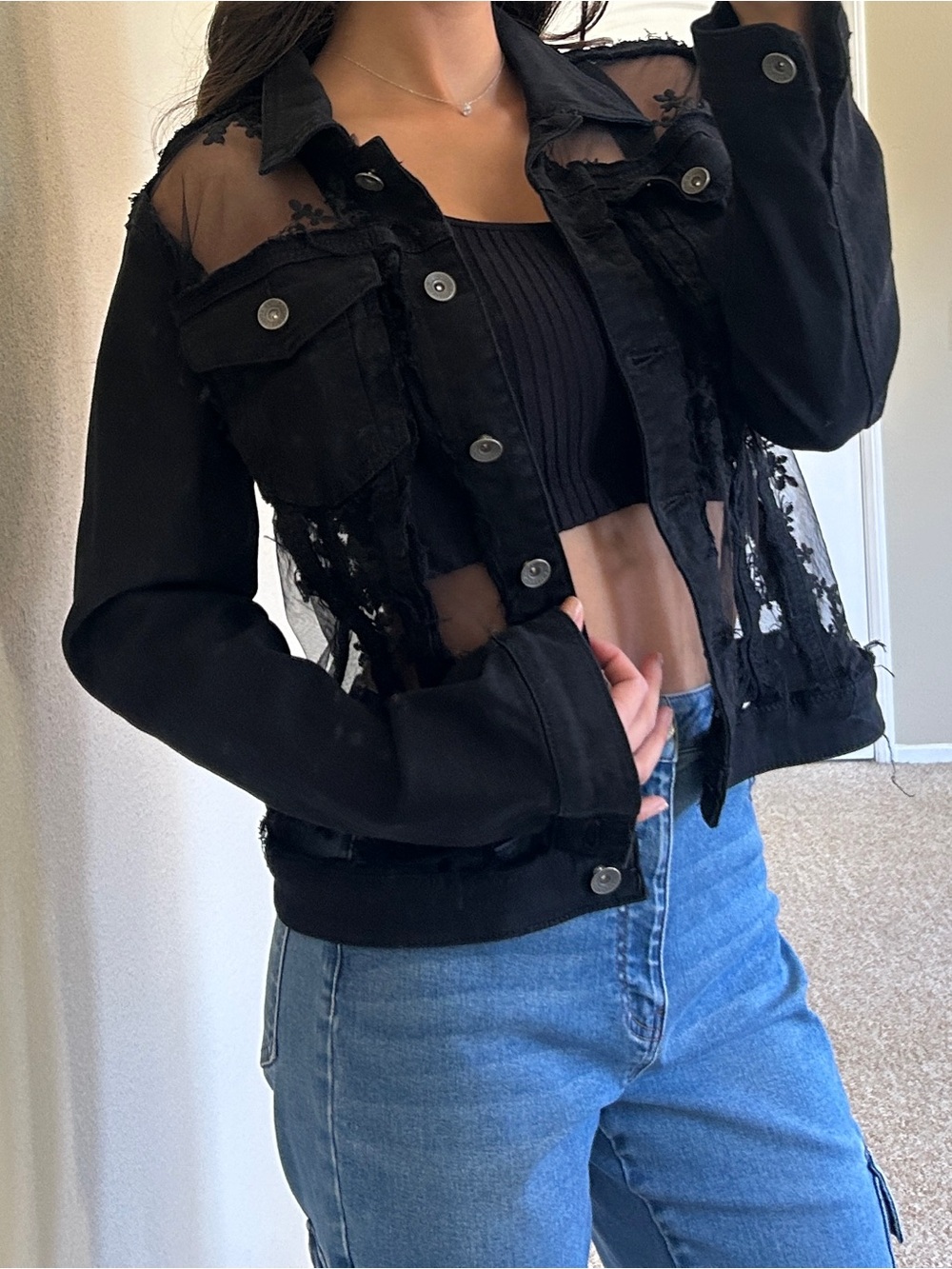 ❤️LAST CHANCE❤️ Gracia Black Sheer Lace Panel Distressed Jacket
